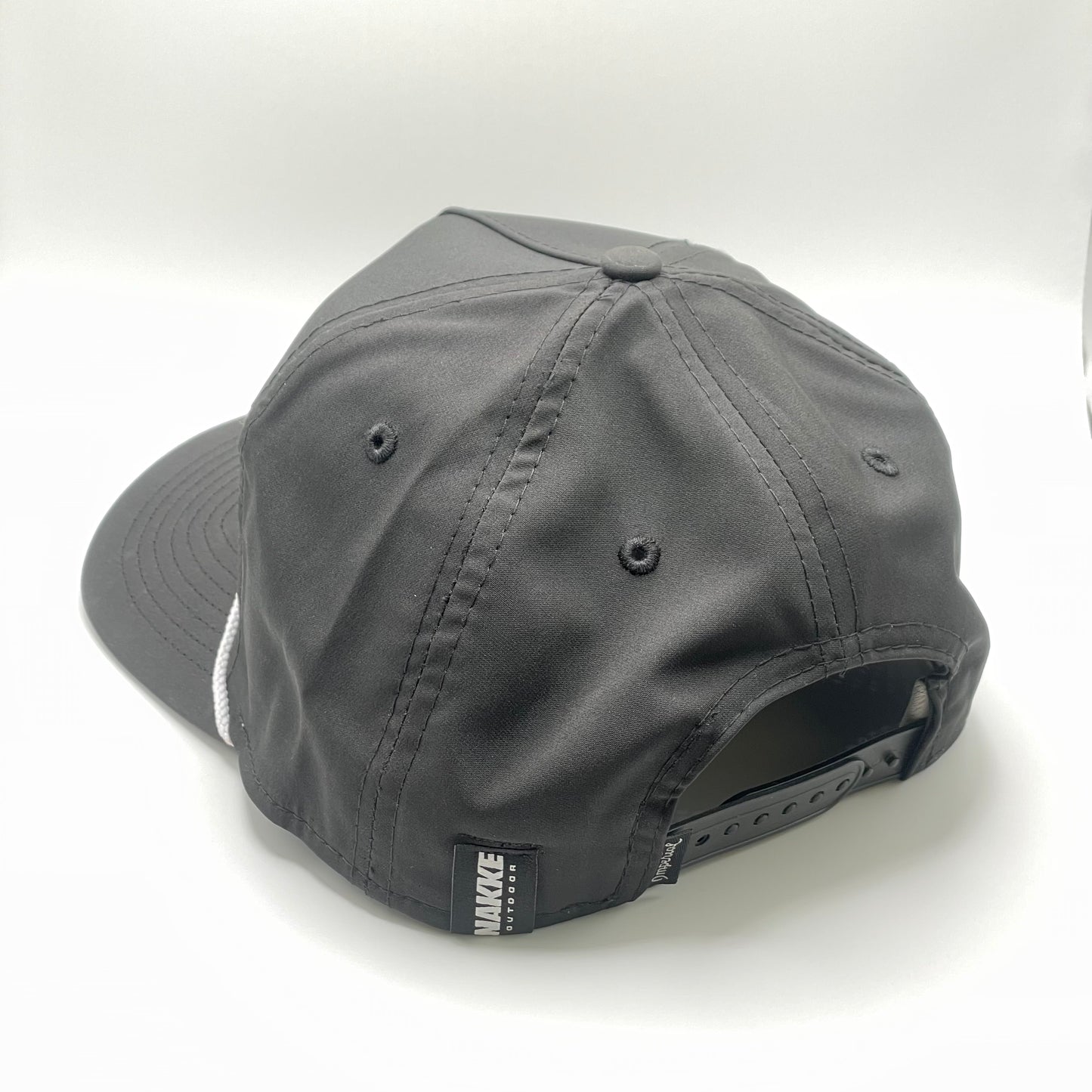 Black snapback hat with an embroidered bass and white woven rope along the base of the front panel