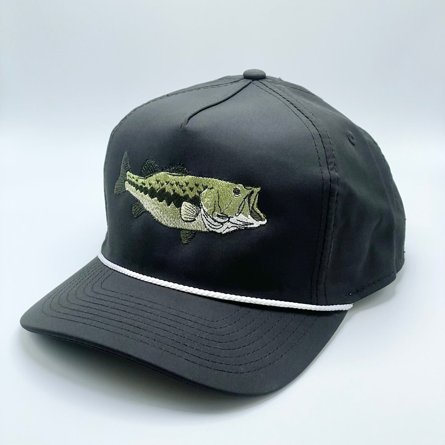 Black snapback hat with an embroidered bass and white woven rope along the base of the front panel