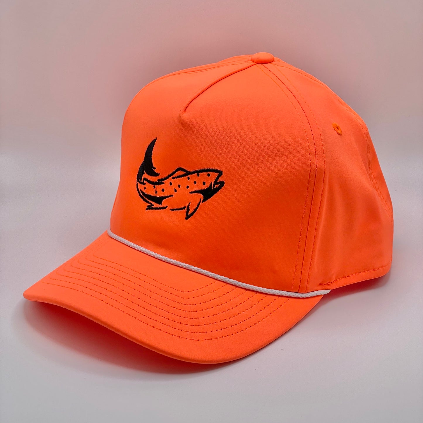 Neon Orange Retro Fit Hat with a black embroidered fish and white woven rope