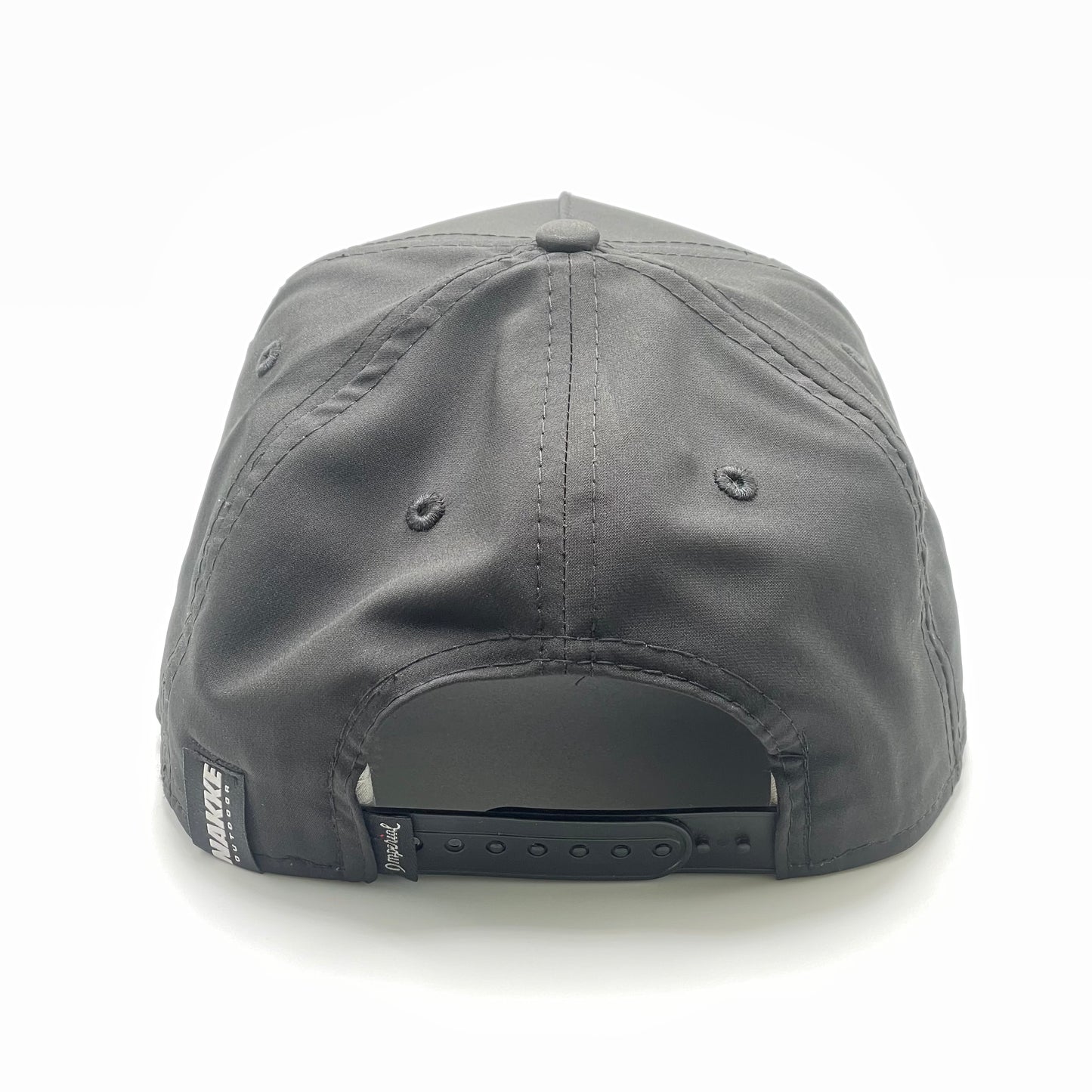 Black snapback hat with an embroidered bass and white woven rope along the base of the front panel