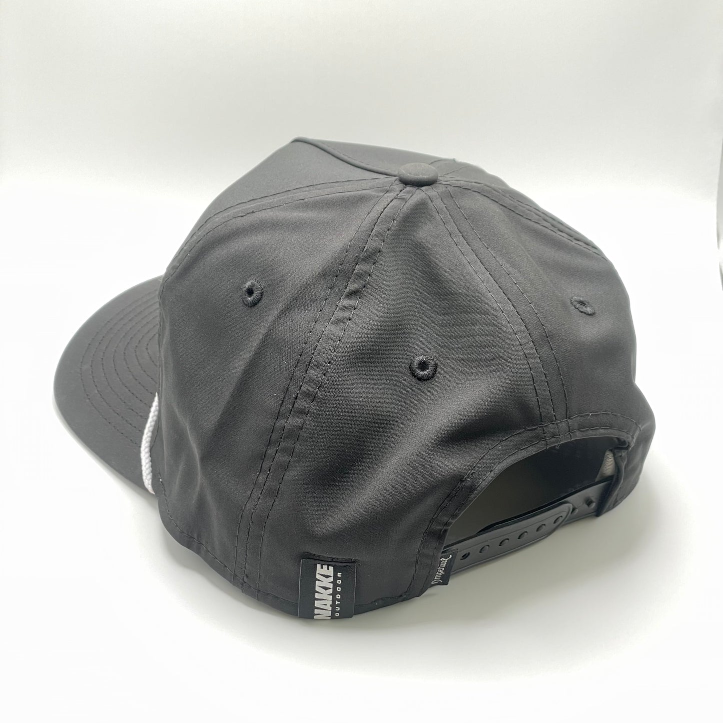 Black snapback hat with an embroidered bass and white woven rope along the base of the front panel 