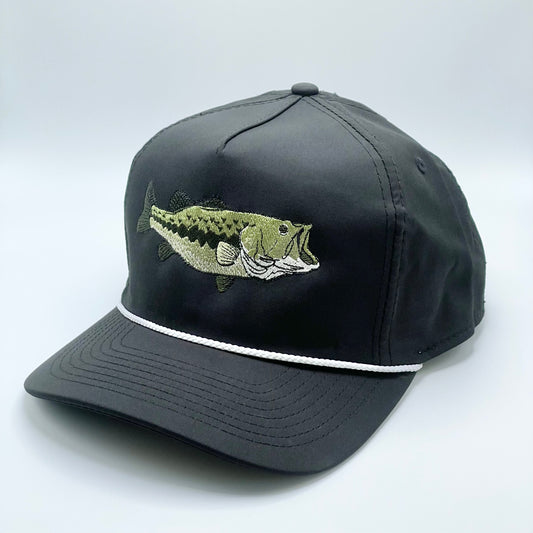 Black snapback hat with an embroidered bass and white woven rope along the base of the front panel  