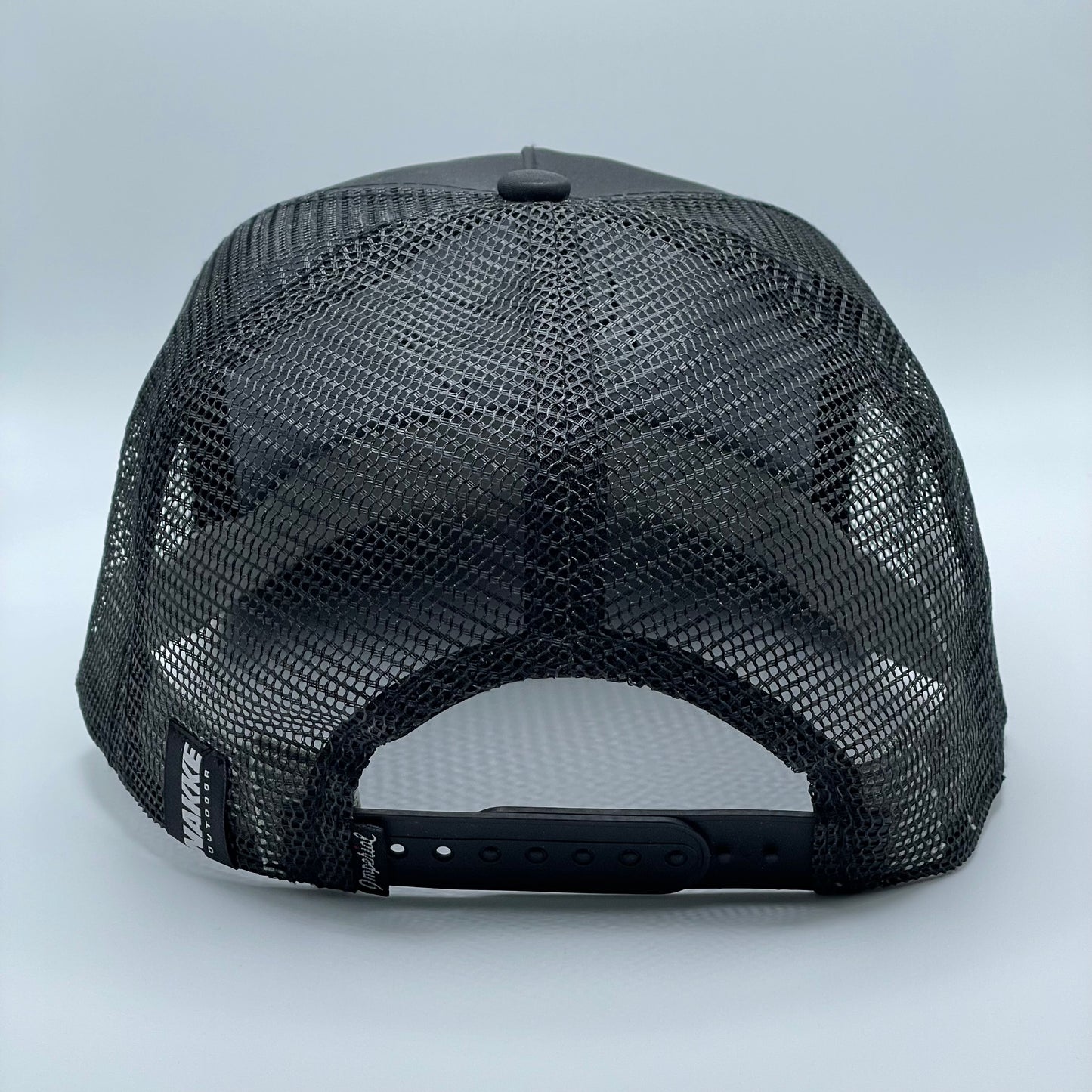 Black 5 panel retro fit mesh back hat with a white embroidered fish on the front