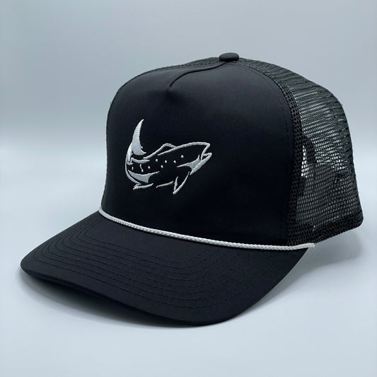 Black 5 panel retro fit mesh back hat with a white embroidered fish on the front