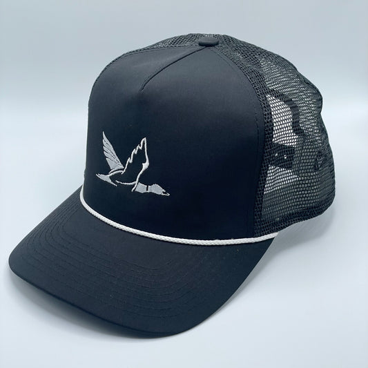 Black 5 panel retro fit mesh back hat with a white embroidered duck on the front