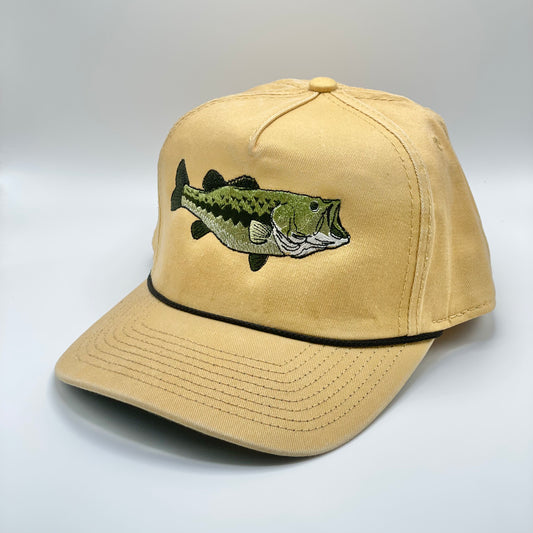 Pigment Washed Cotton Twill 5 Panel “Honey” Colored Hat with Embroidered Bass on the front and a black rope running along the base