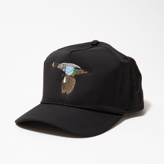 black hat with blue wing teal duck embroidered on the front and a black woven rope along the base