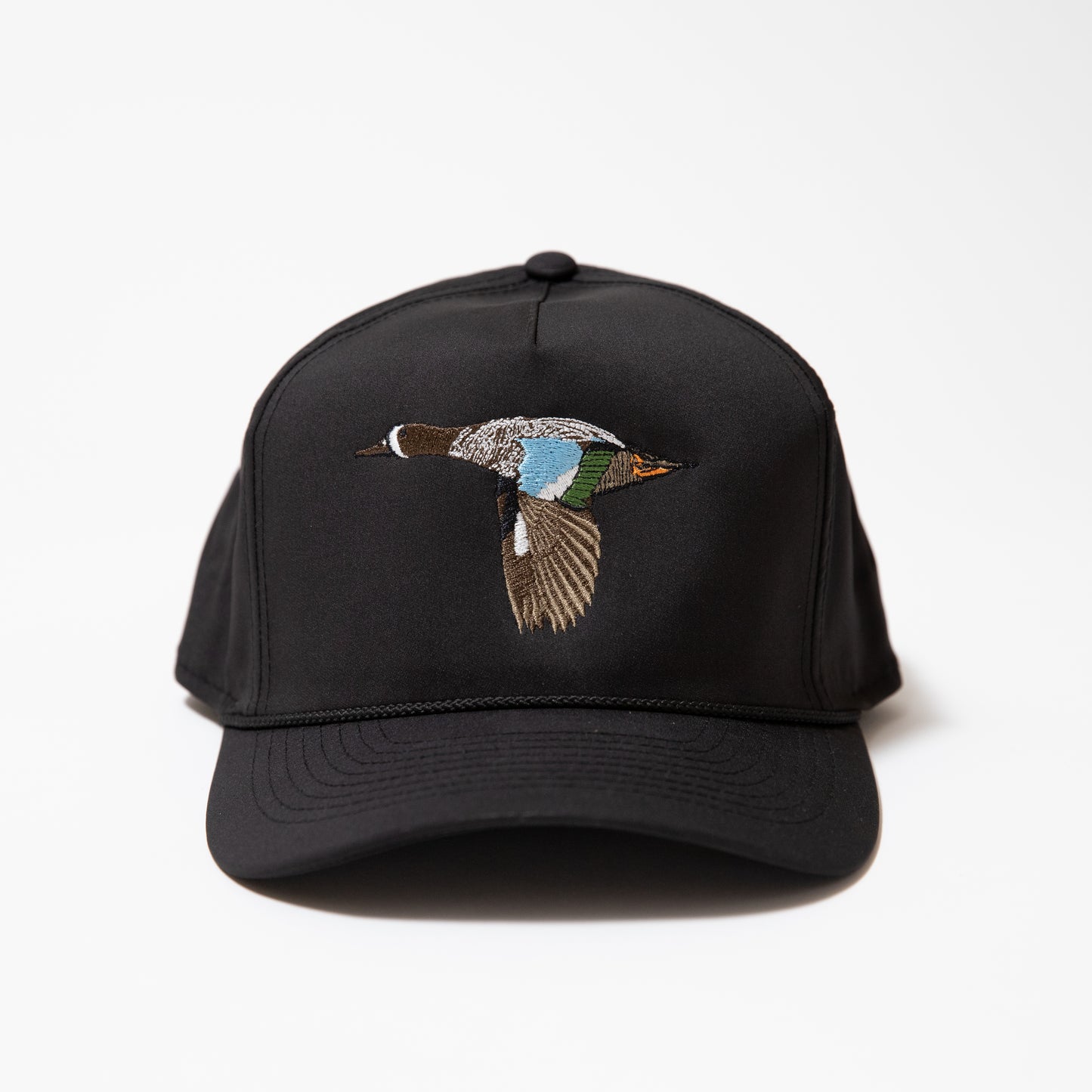 black hat with blue wing teal duck embroidered on the front and a black woven rope along the base