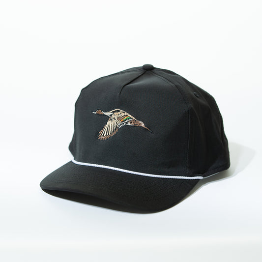Black snapback hat with a white rope and an embroidered Pintail duck on the front