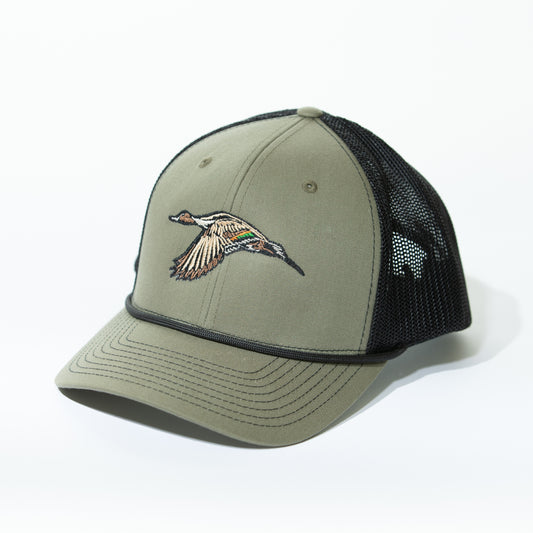 Green and Black Mesh Snap Back Hat with a Pintail Duck embroidered on the front and a black rope running along the base
